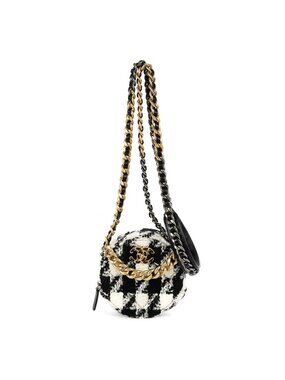 Chanel 19 Round Clutch Chain Shoulder Bag Black White Quilted Tweed